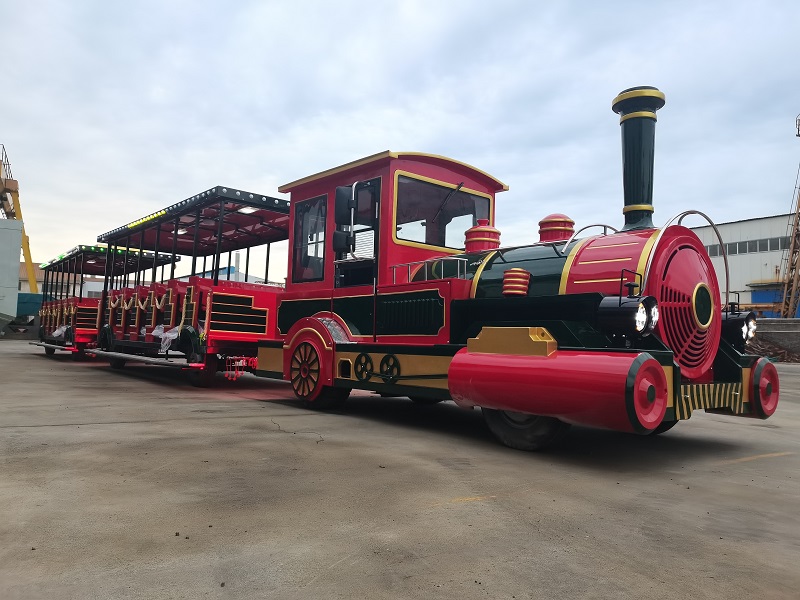 large amusement park trackless train with retro theme
